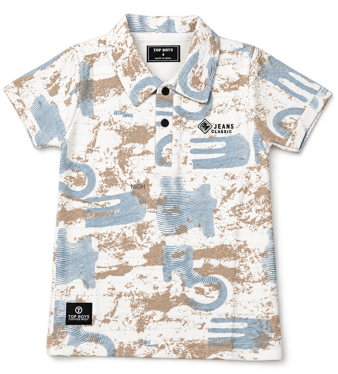 Boys Printed Polo T-Shirt in White and Blue