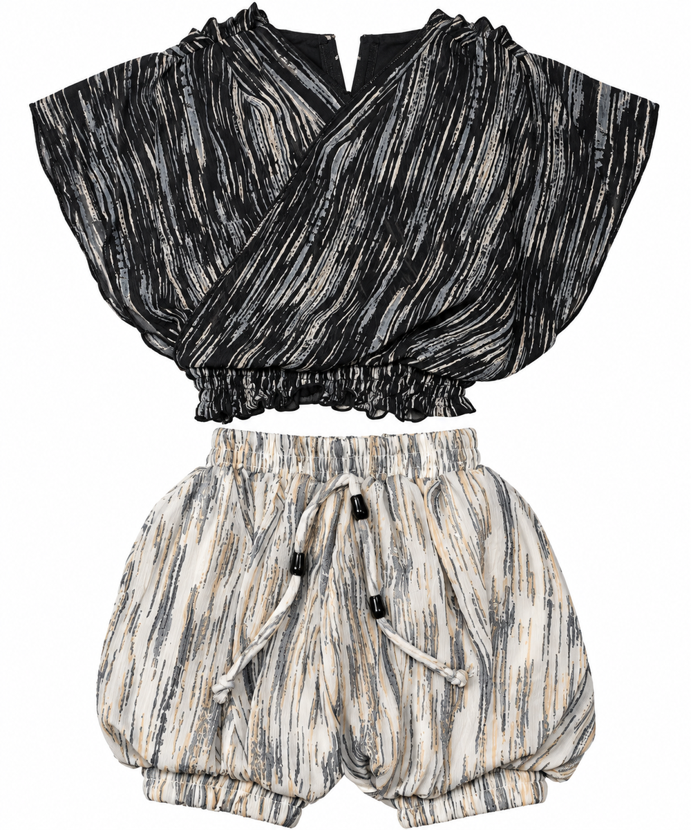 Girls Black & Beige Abstract Print Co-ord Set