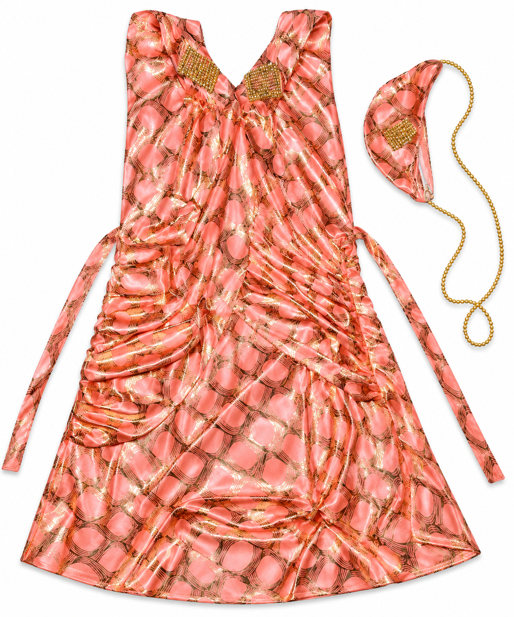 Peach Metallic Printed Party Frock with Matching Headband