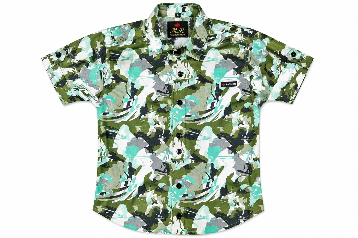 Boys Green Camouflage Printed Casual Shirt