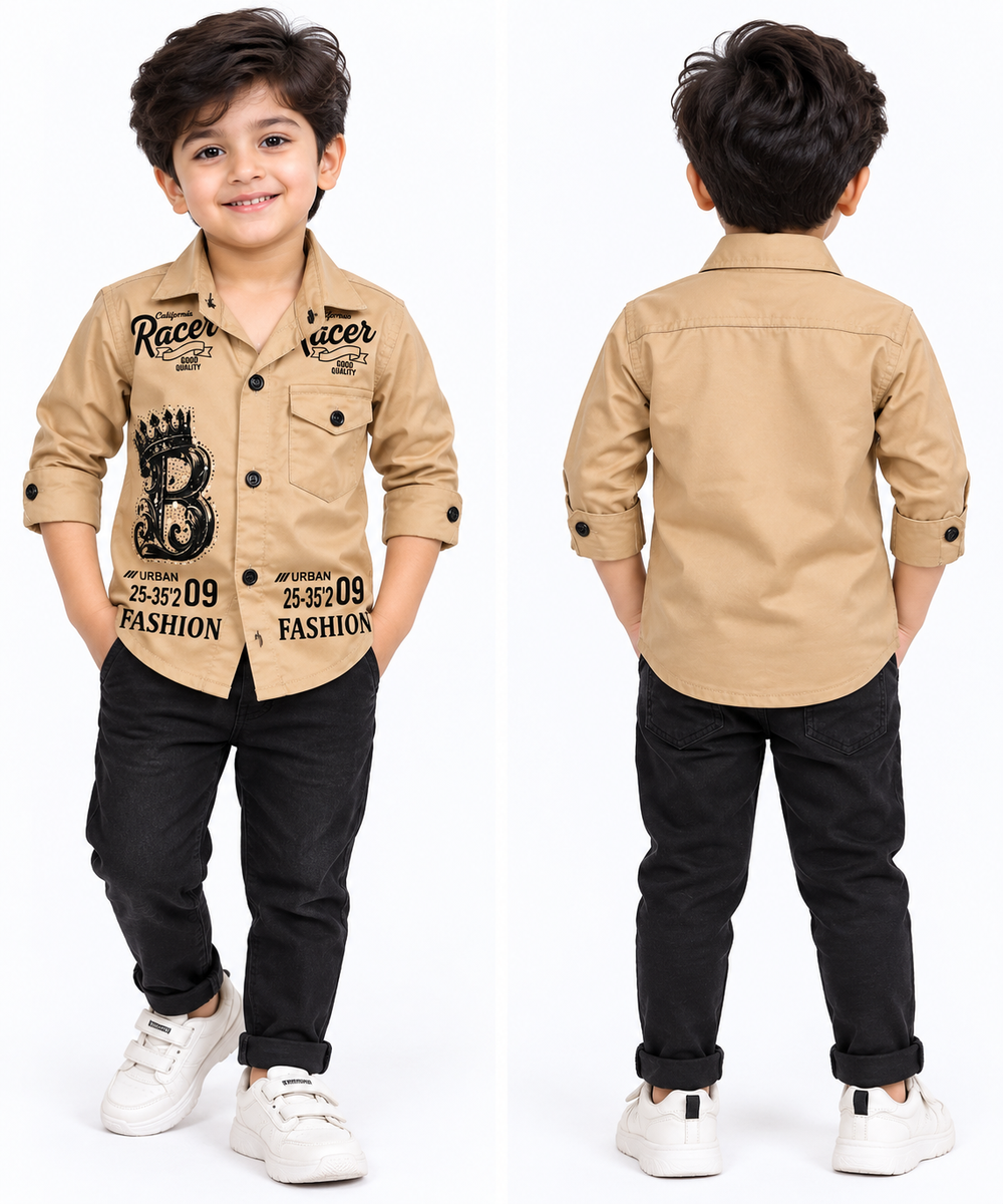 Boys Beige Printed Casual Shirt with Black Jeans