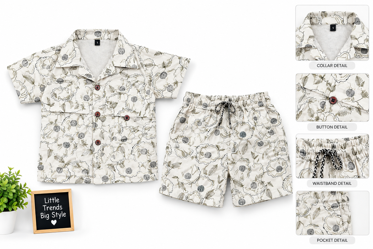 Boys Off-White Floral Print Shirt and Shorts Co-ord Set