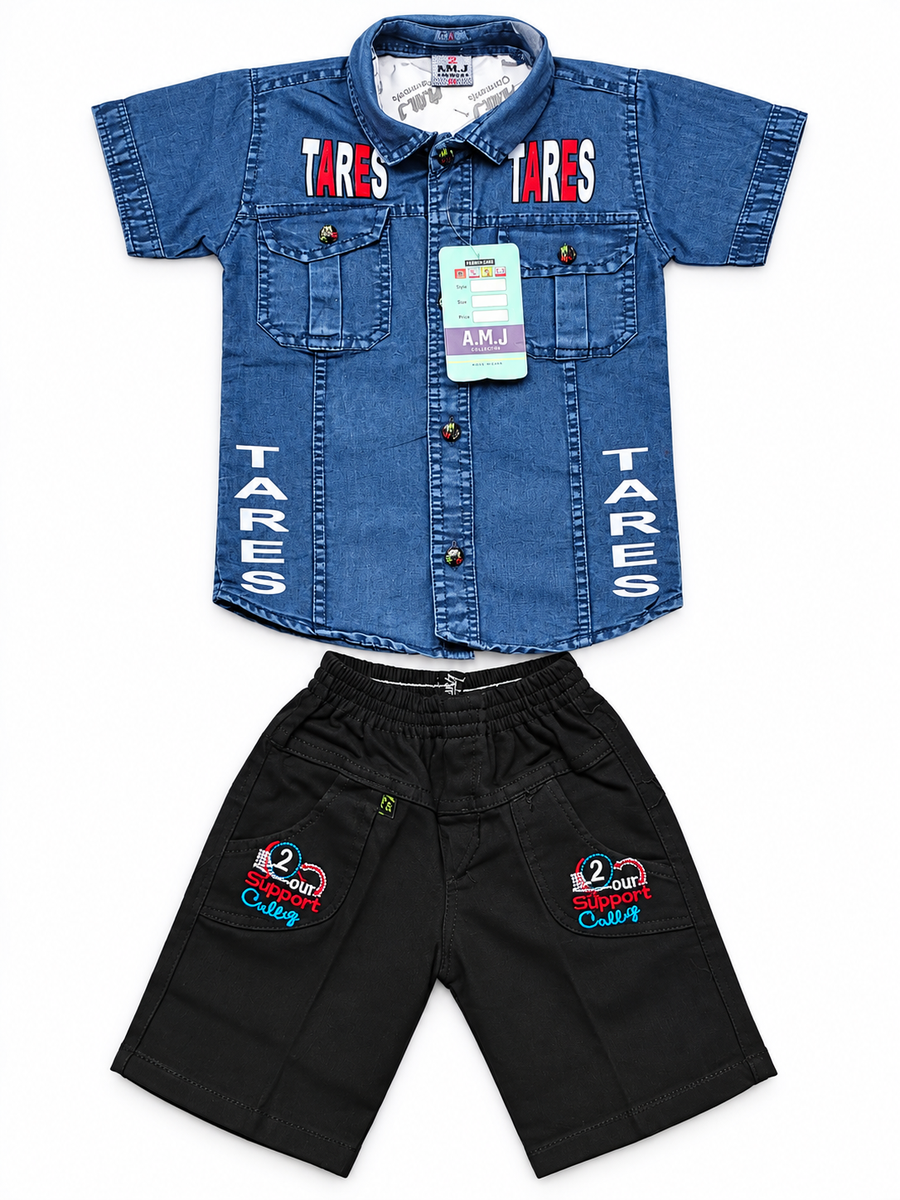 Boys Blue Printed Denim Shirt and Black Shorts Set