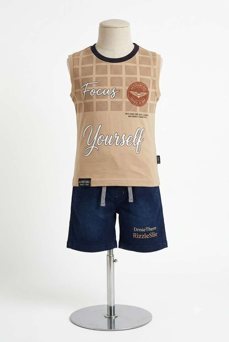 Boys Beige Printed T-Shirt with Denim Shorts Set — lifestyle