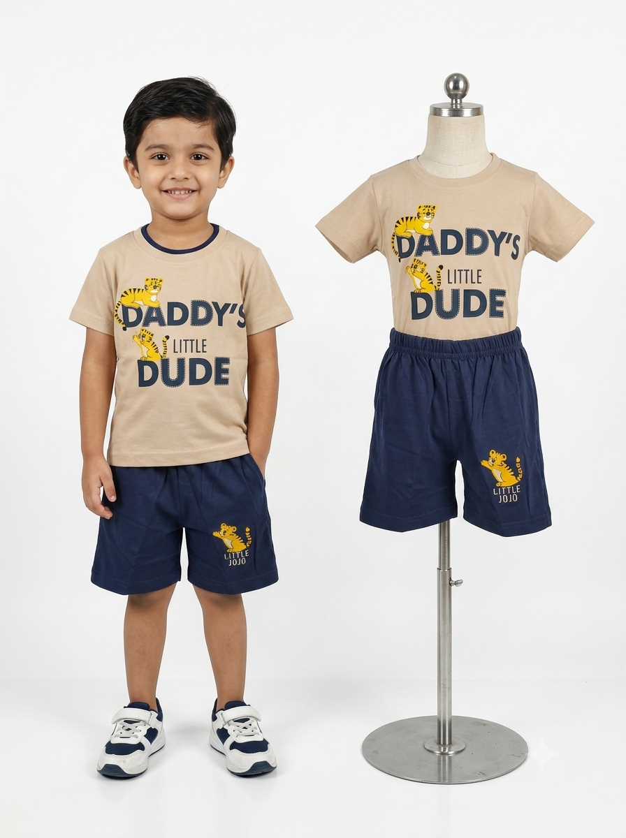 Boys Beige & Navy 'Daddy's Little Dude' T-Shirt and Shorts Set