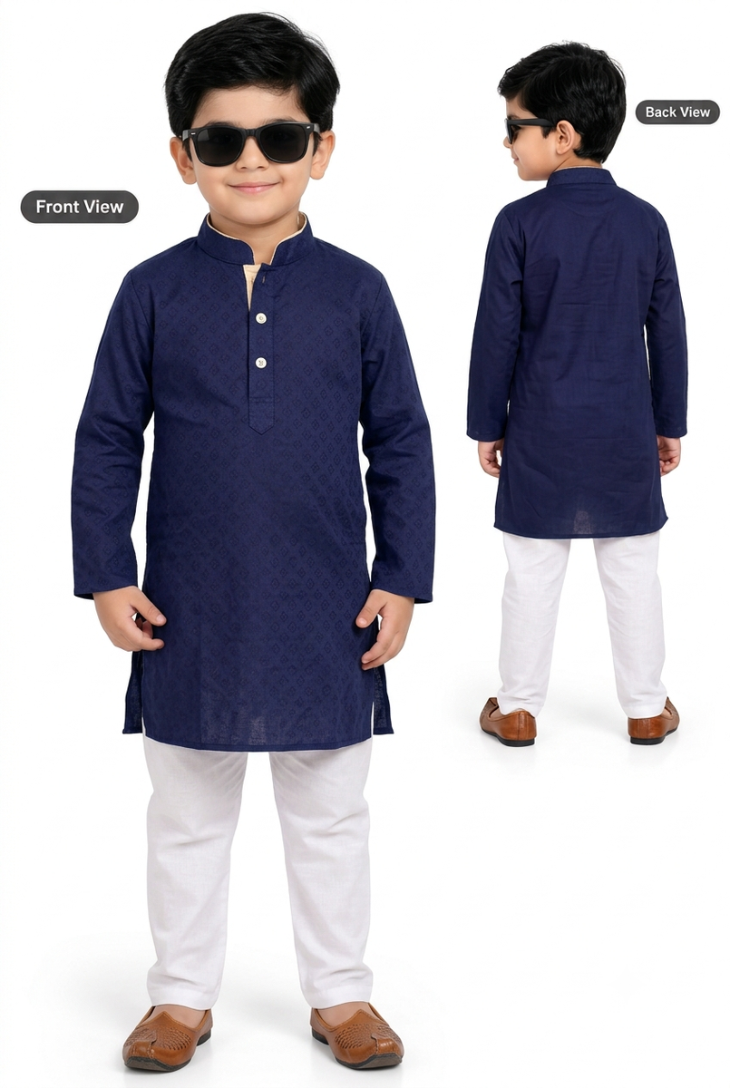 Boys Navy Blue Textured Kurta Pyjama Set — lifestyle