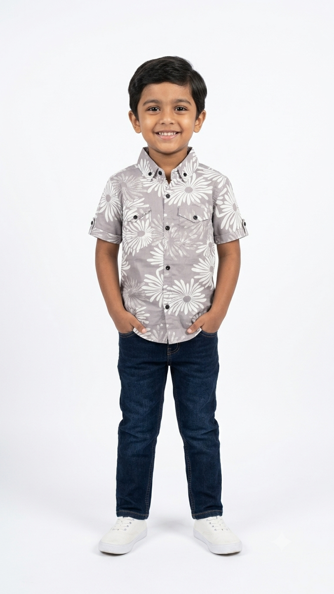 Grey Floral Printed Casual Shirt for Boys