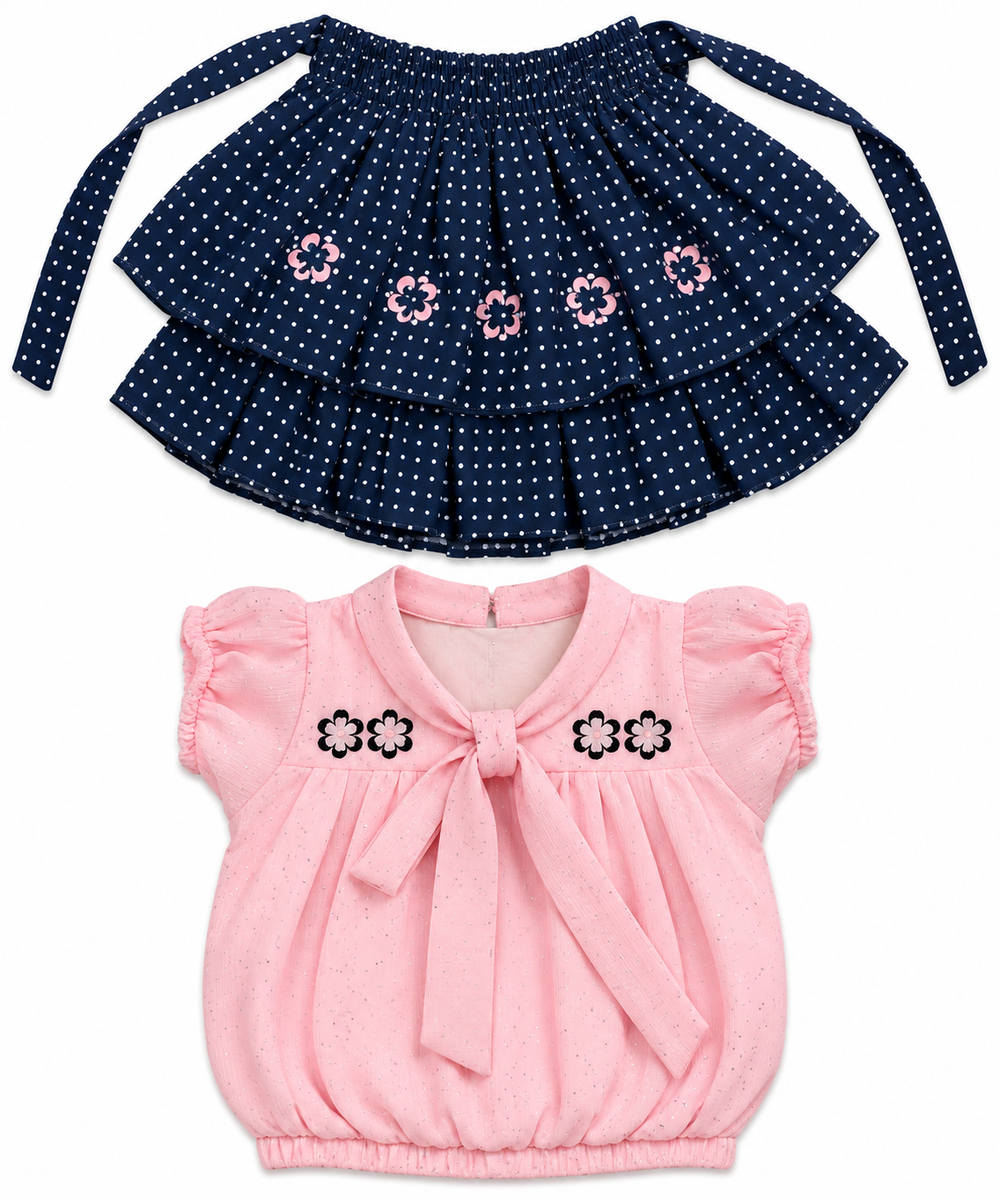 Pink & Navy Blue Polka Dot Skirt & Top Set
