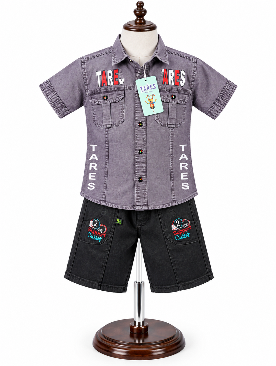 Boys Grey Casual Printed Shirt and Black Shorts Set