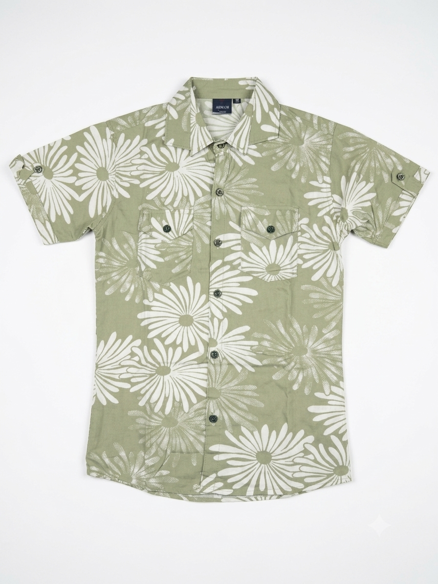 Sage Green Floral Printed Casual Shirt for Boys