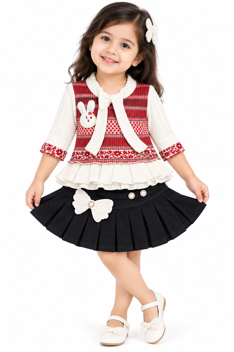 Red and Off-White Top with Black Skirt Set