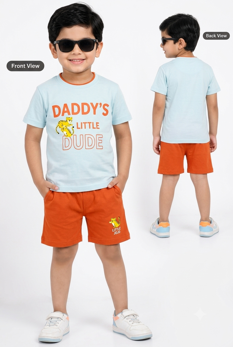 Boys Sky Blue & Rust Orange Graphic T-Shirt and Shorts Co-ord Set — lifestyle