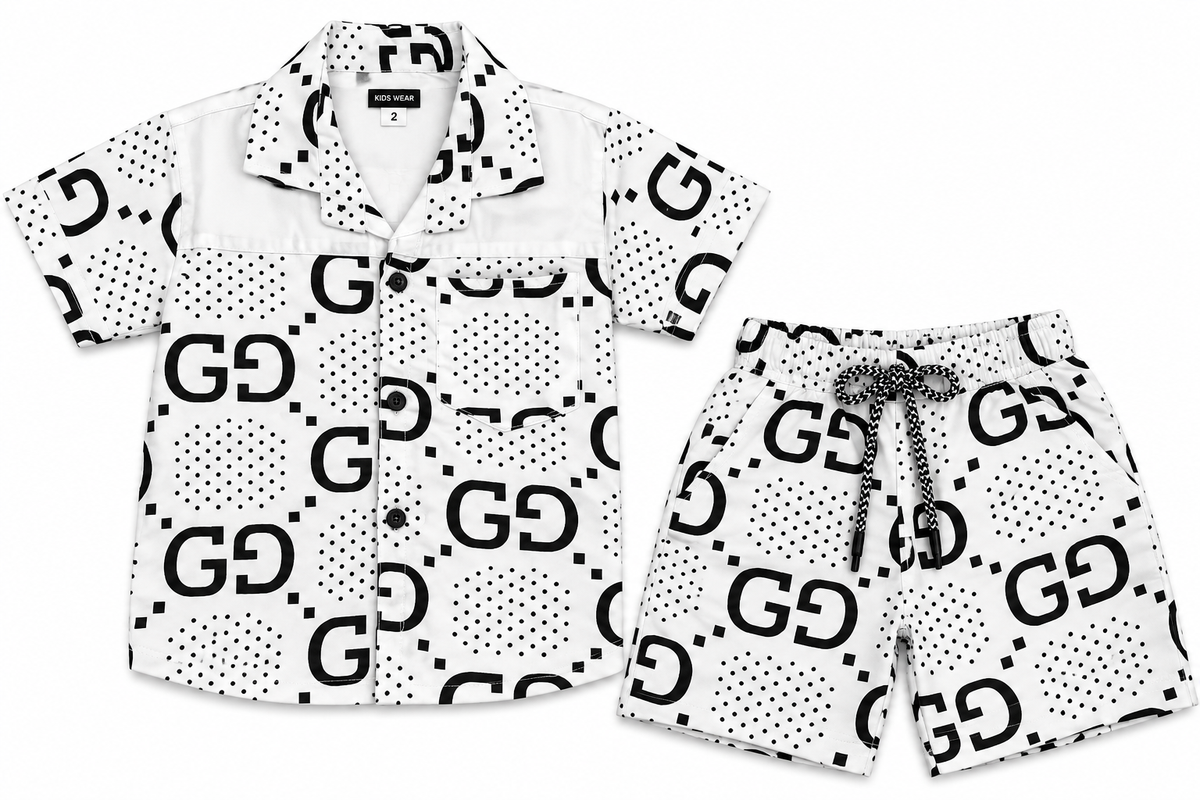 Boys White and Black Monogram Print Shirt and Shorts Co-ord Set
