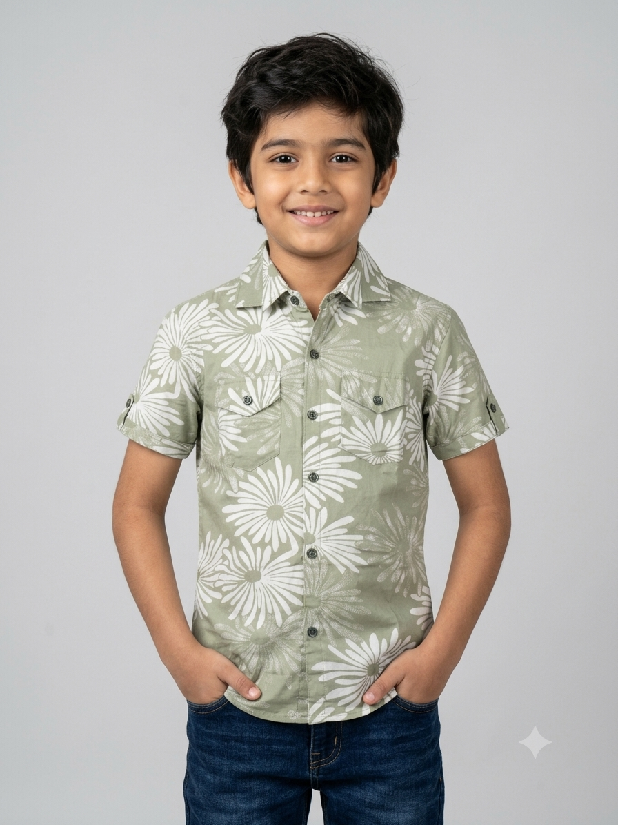 Sage Green Floral Printed Casual Shirt for Boys