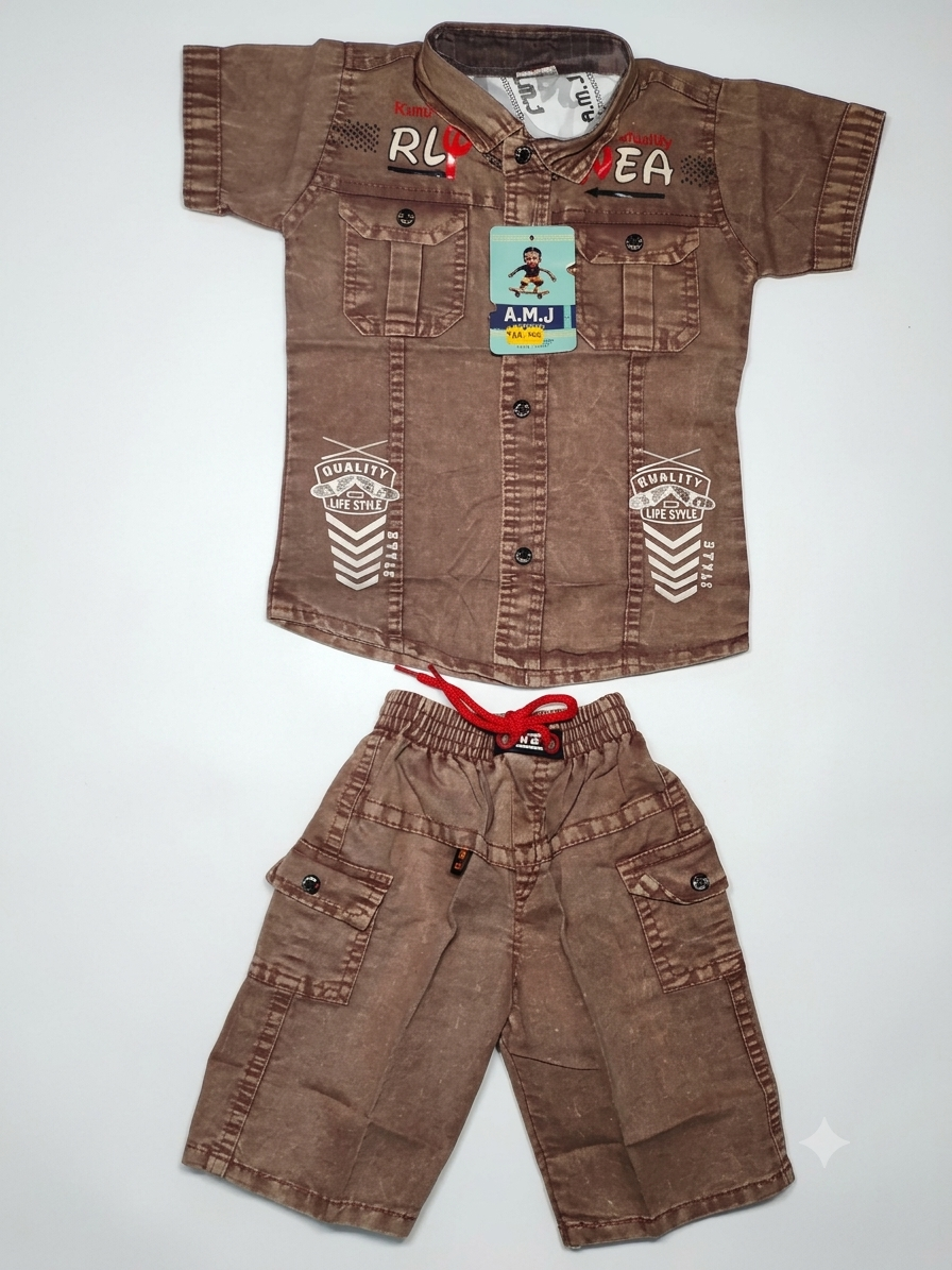 Boys Brown Washed Cargo Shirt and Shorts Set