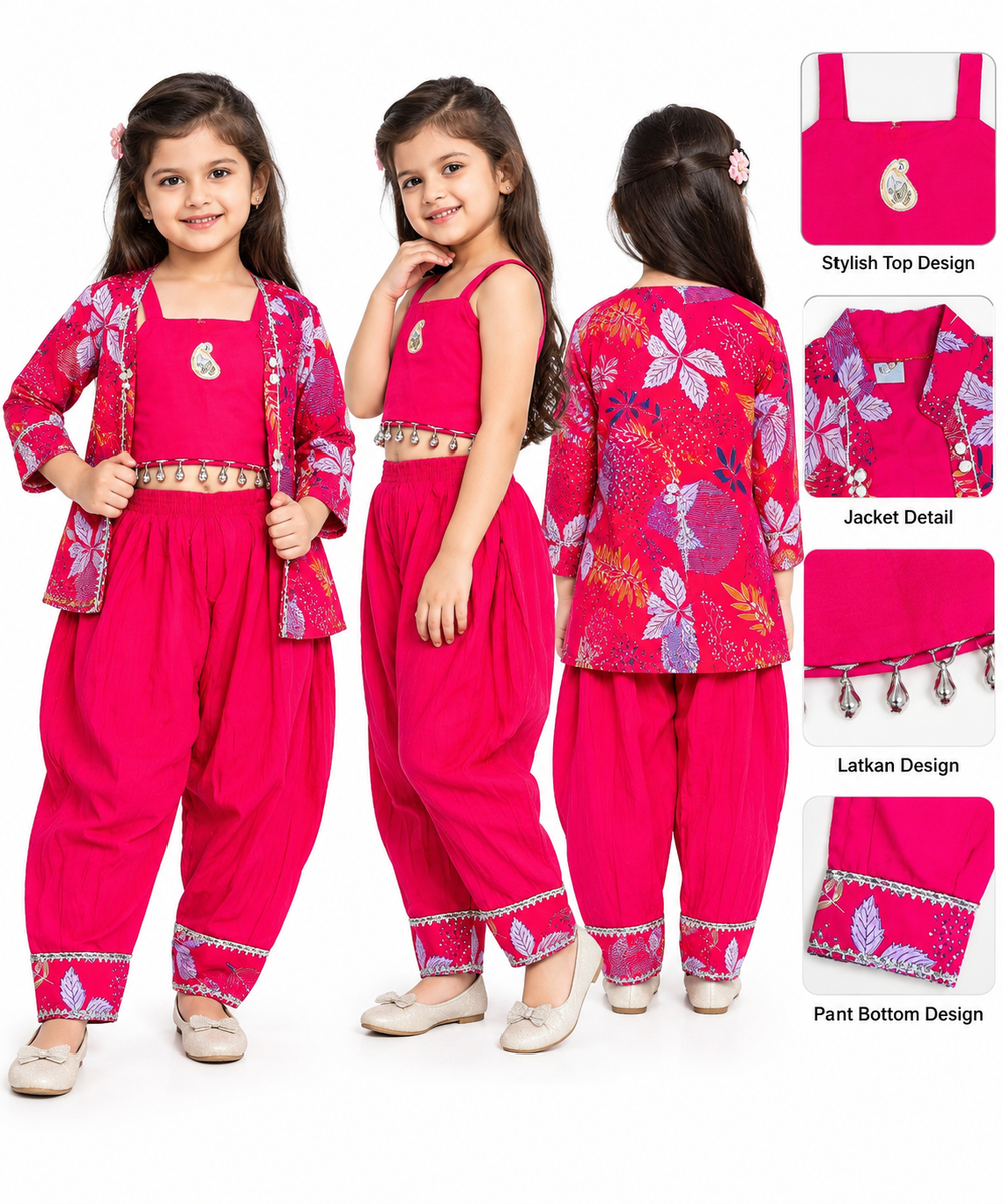 Girls Rani Pink Ethnic Dhoti Pants & Crop Top Set with Printed Jacket