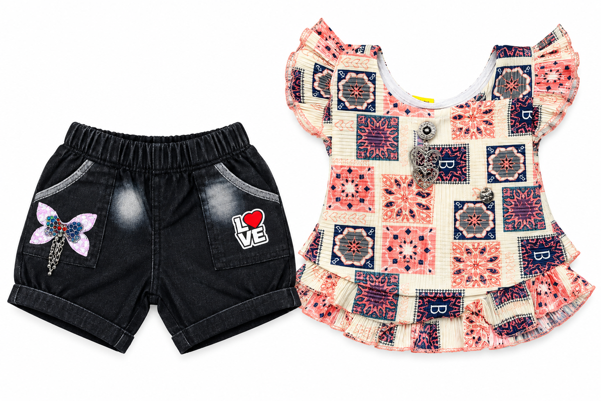 Girls Multicolored Printed Top and Black Shorts Set