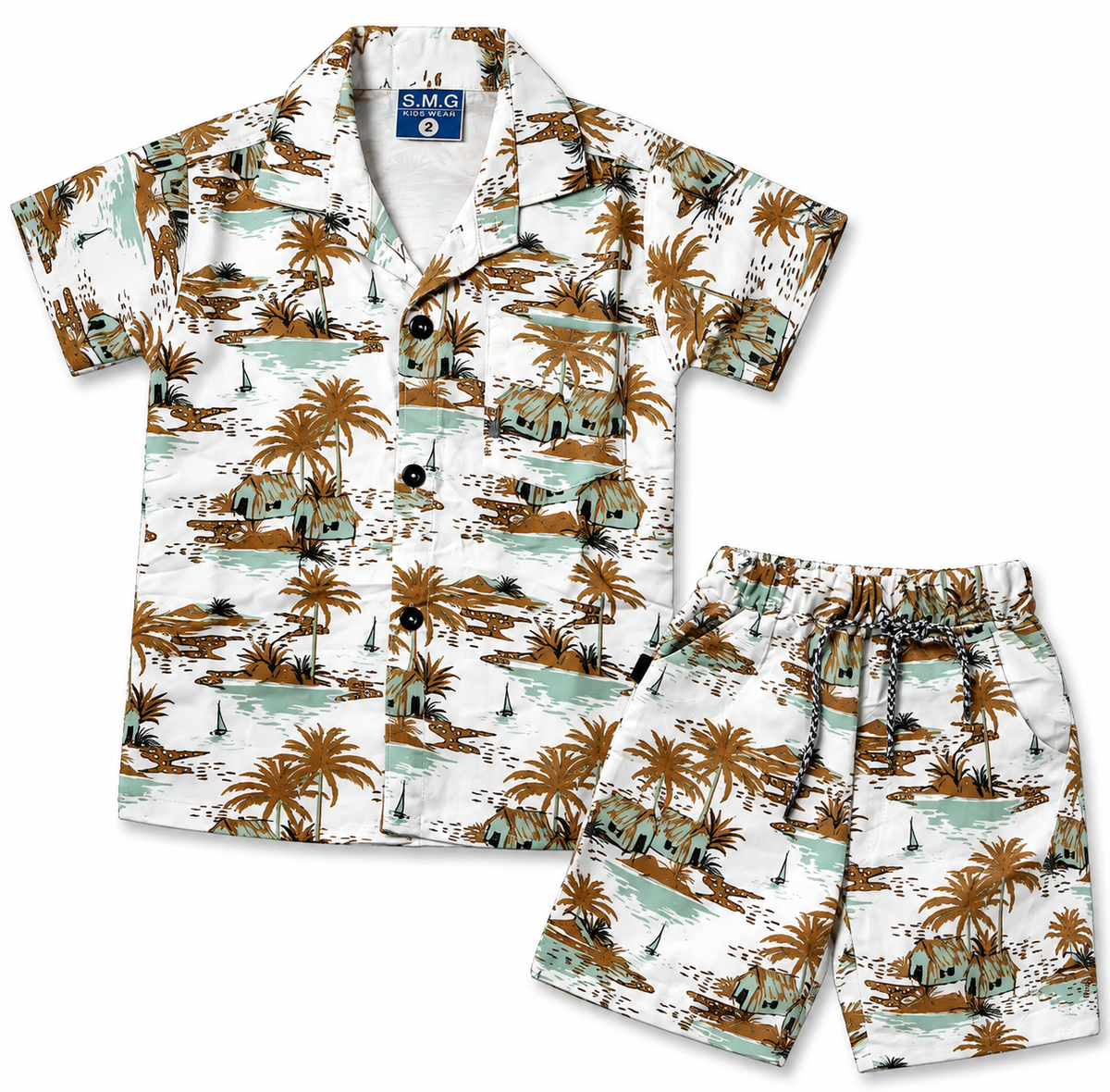 Boys Tropical Palm Print Casual Shirt and Shorts Co-ord Set