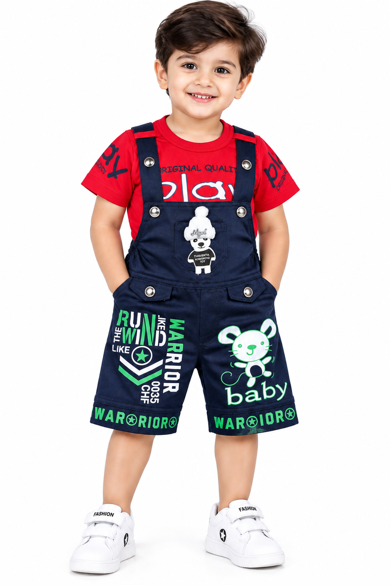 Boys Red and Navy Blue Printed Dungaree Set