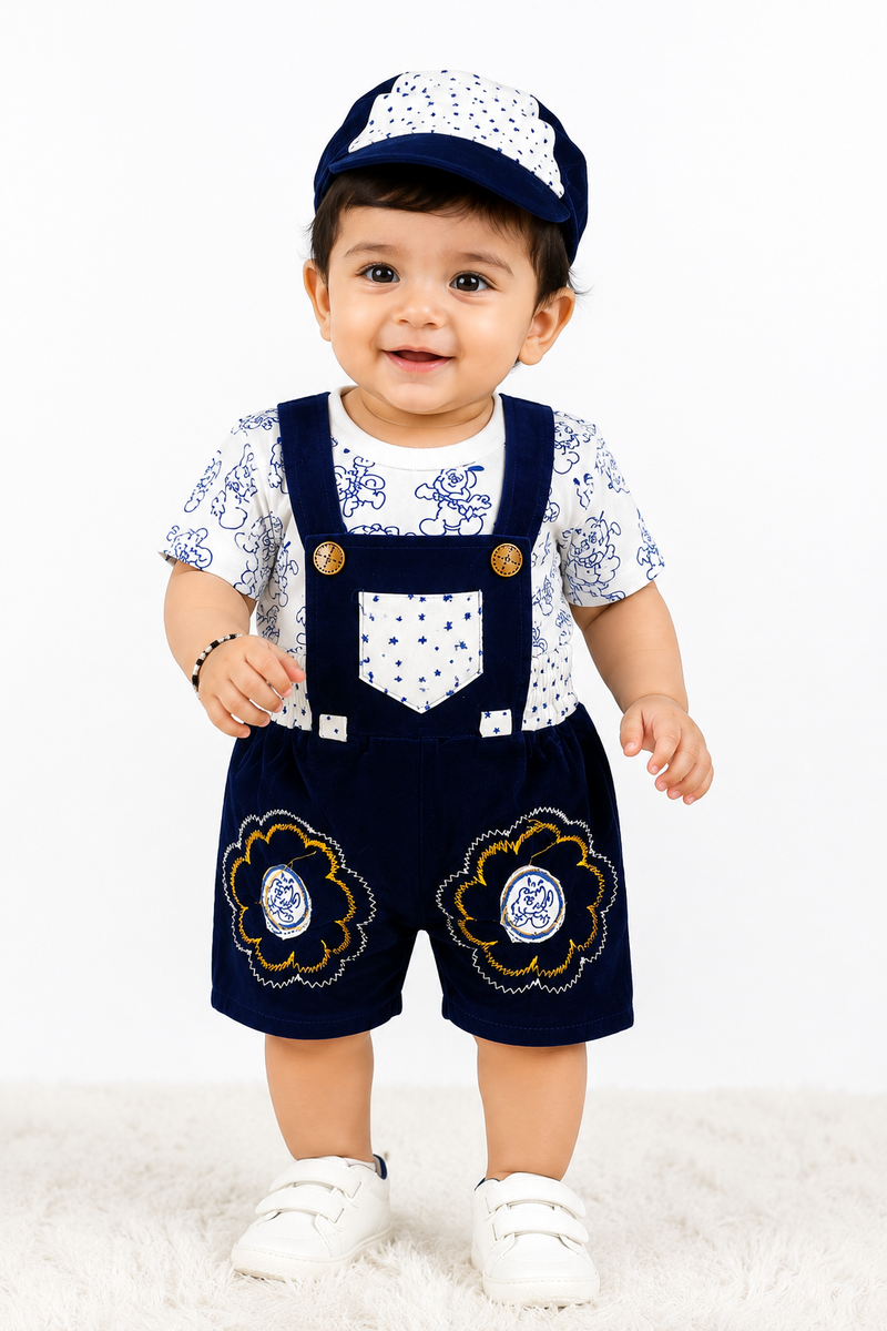 Baby Boys Navy Blue Dungaree Shorts Set with T-Shirt and Cap