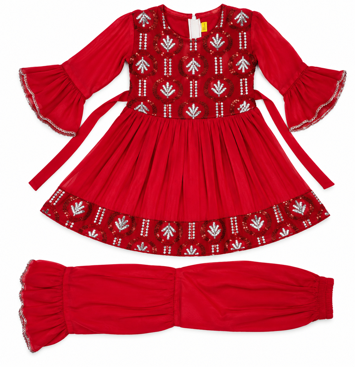 Festive Red Sequins Kurta with Sharara Set for Girls
