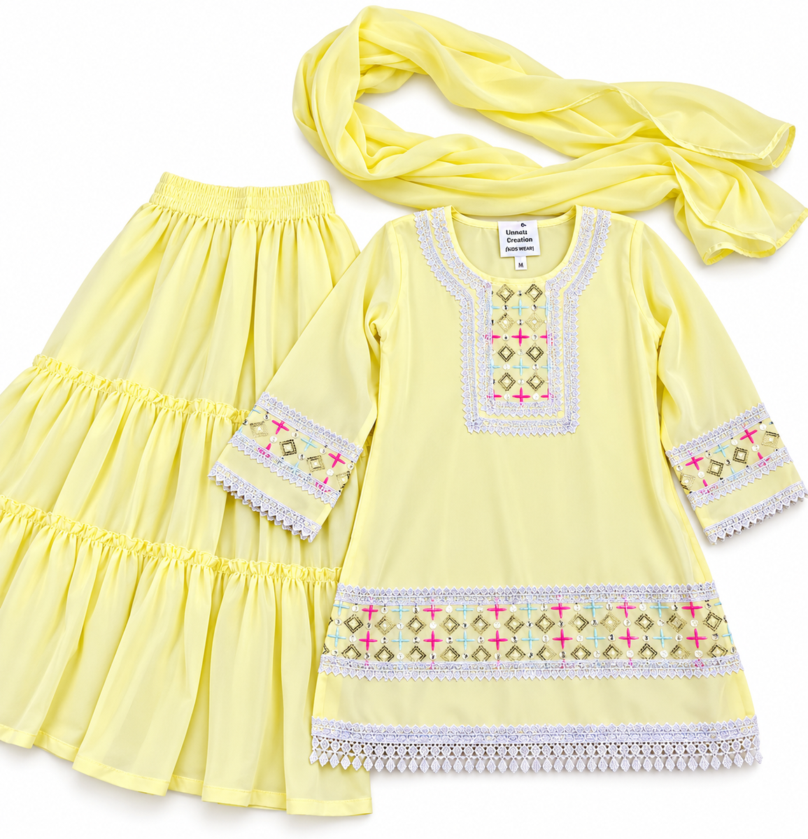 Girls Lemon Yellow Embroidered Kurta Sharara Set with Dupatta