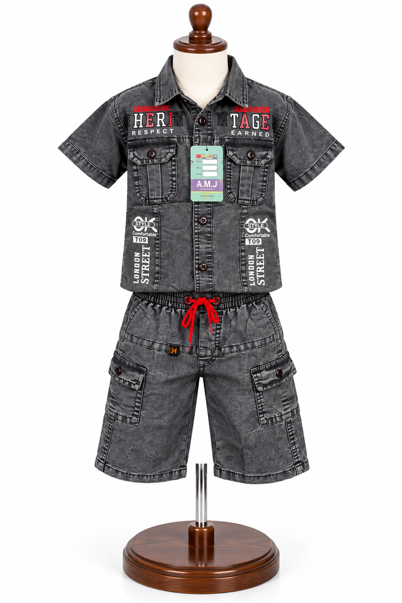 Boys Grey Denim Short Sleeve Shirt and Cargo Shorts Set