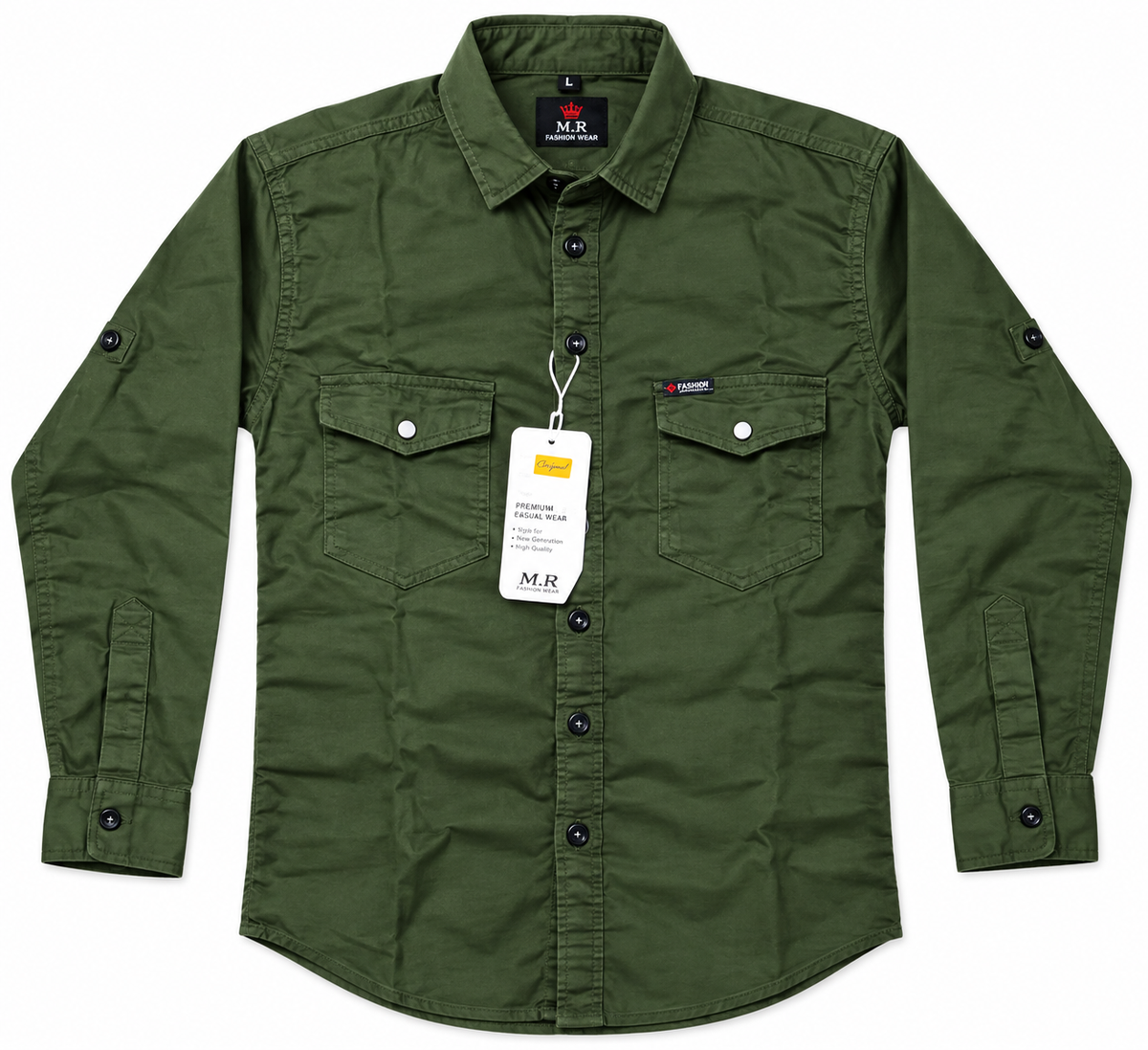 Boys Olive Green Casual Cotton Shirt with Pocket Details