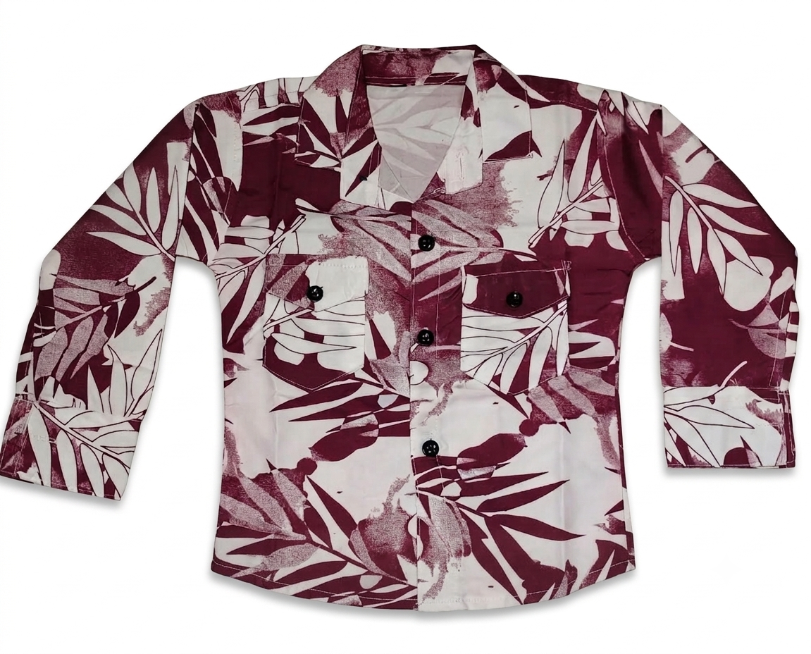 Boys Maroon Leaf Printed Full Sleeve Casual Shirt