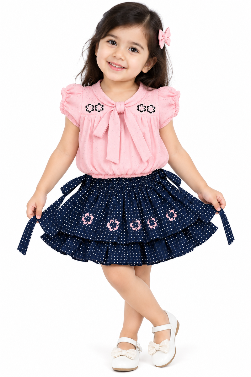 Pink & Navy Blue Polka Dot Skirt & Top Set