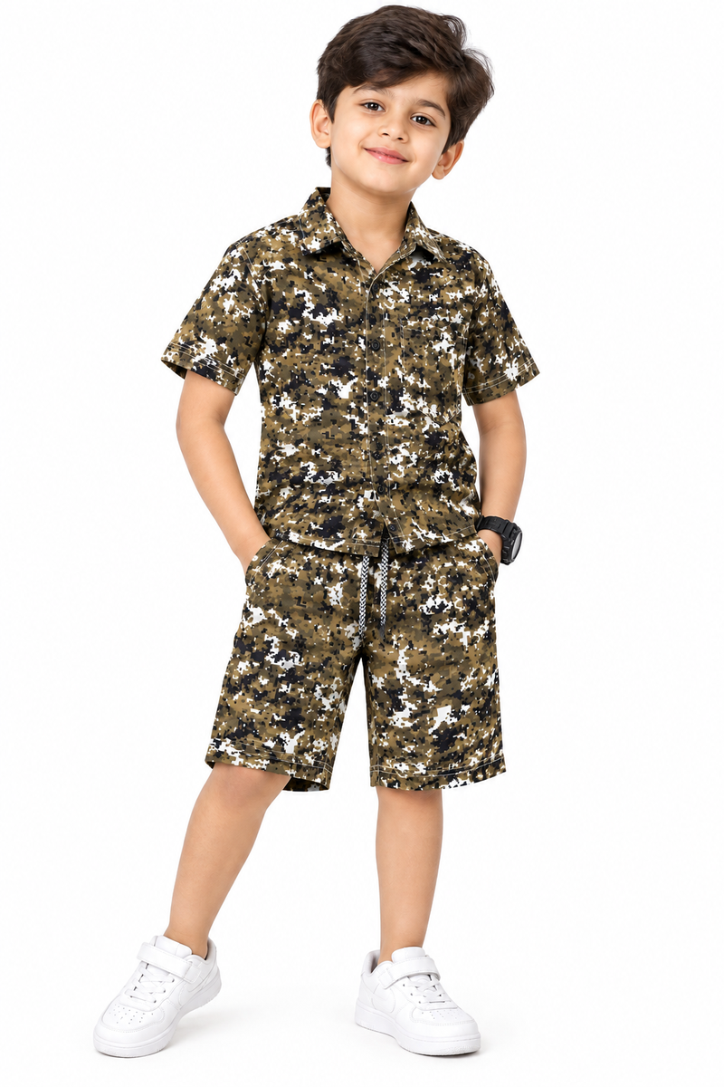 Boys Olive Green Camouflage Printed Shirt and Shorts Set