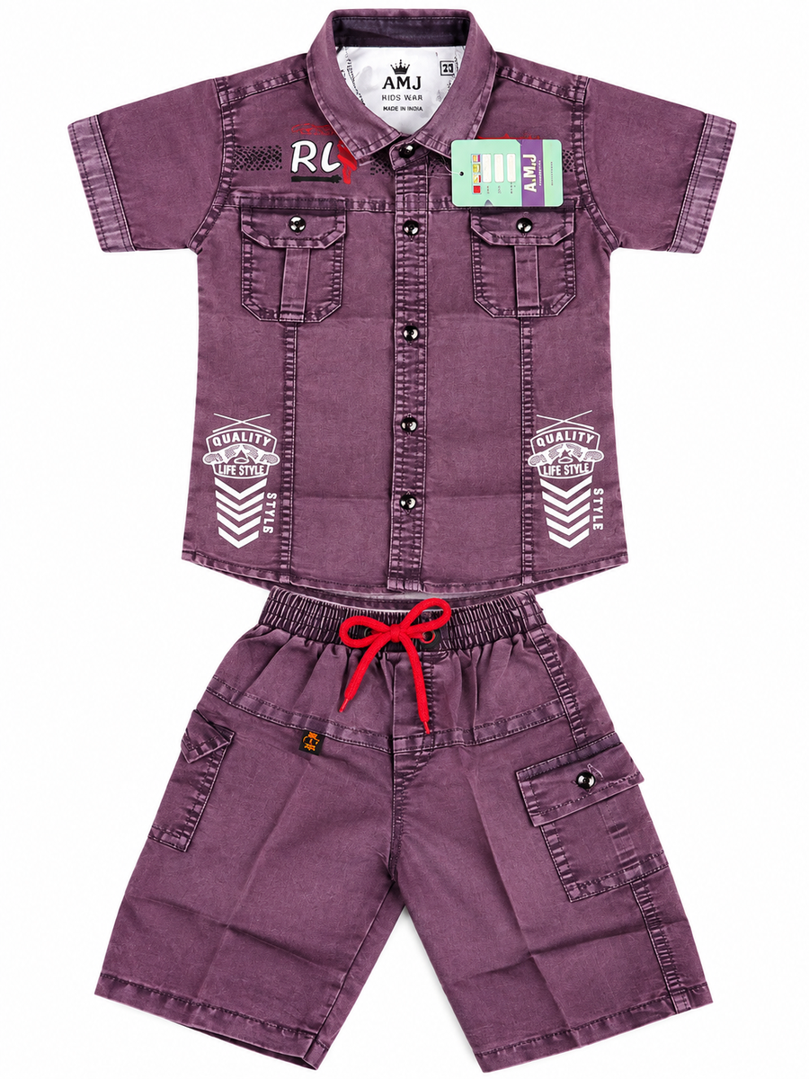 Boys Purple Casual Shirt and Cargo Shorts Set