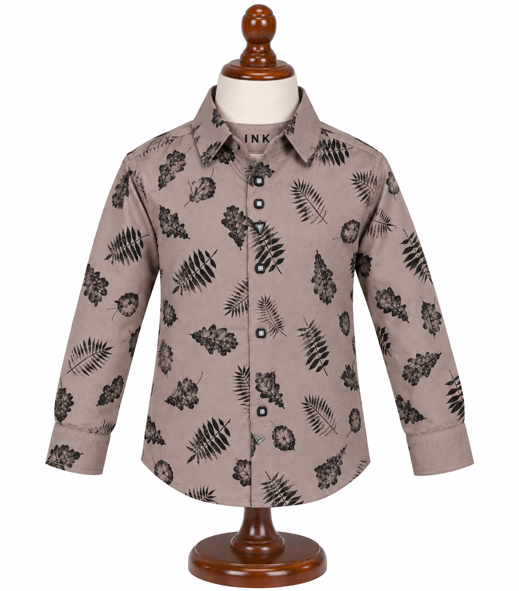 Boys Beige Leaf Print Full Sleeve Casual Shirt