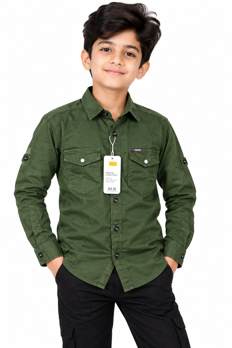 Boys Olive Green Casual Cotton Shirt with Pocket Details