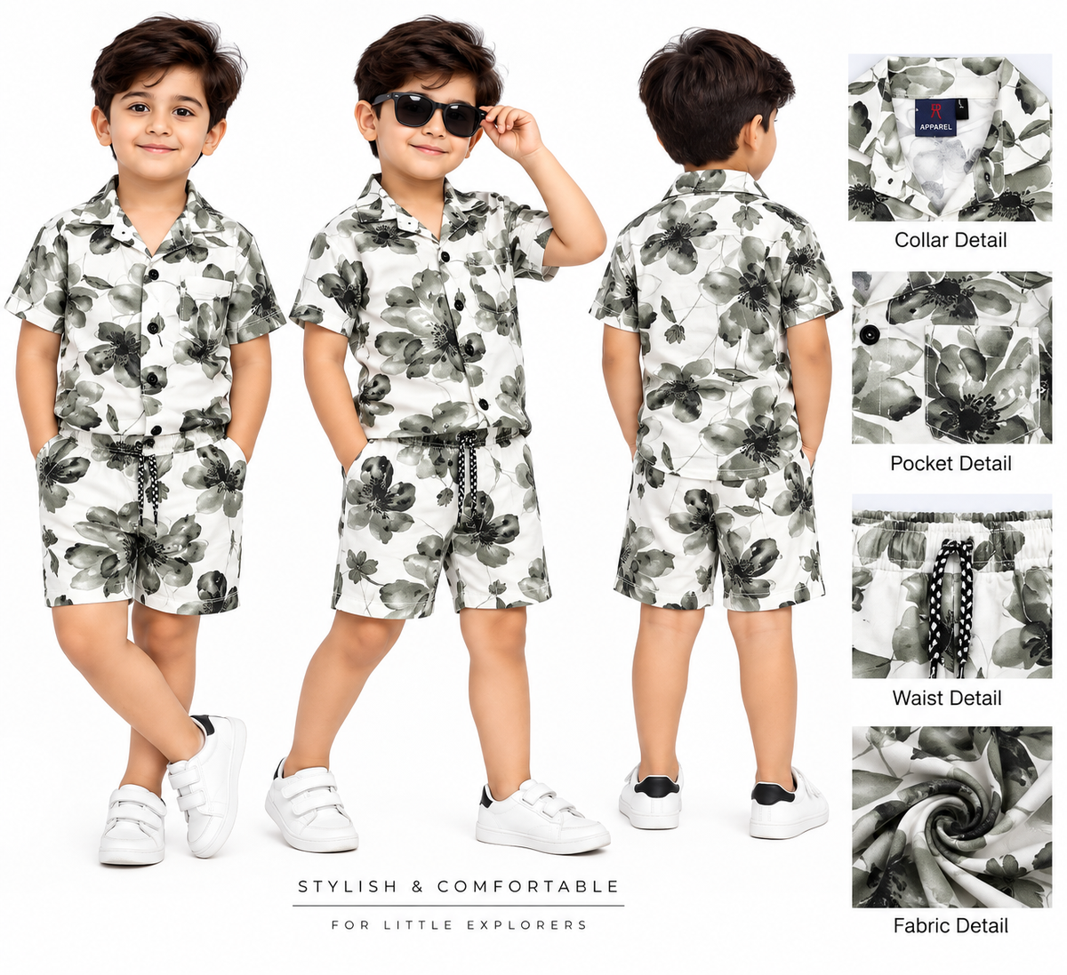 Boys White and Black Floral Print Short Sleeve Shirt and Shorts Co-ord Set