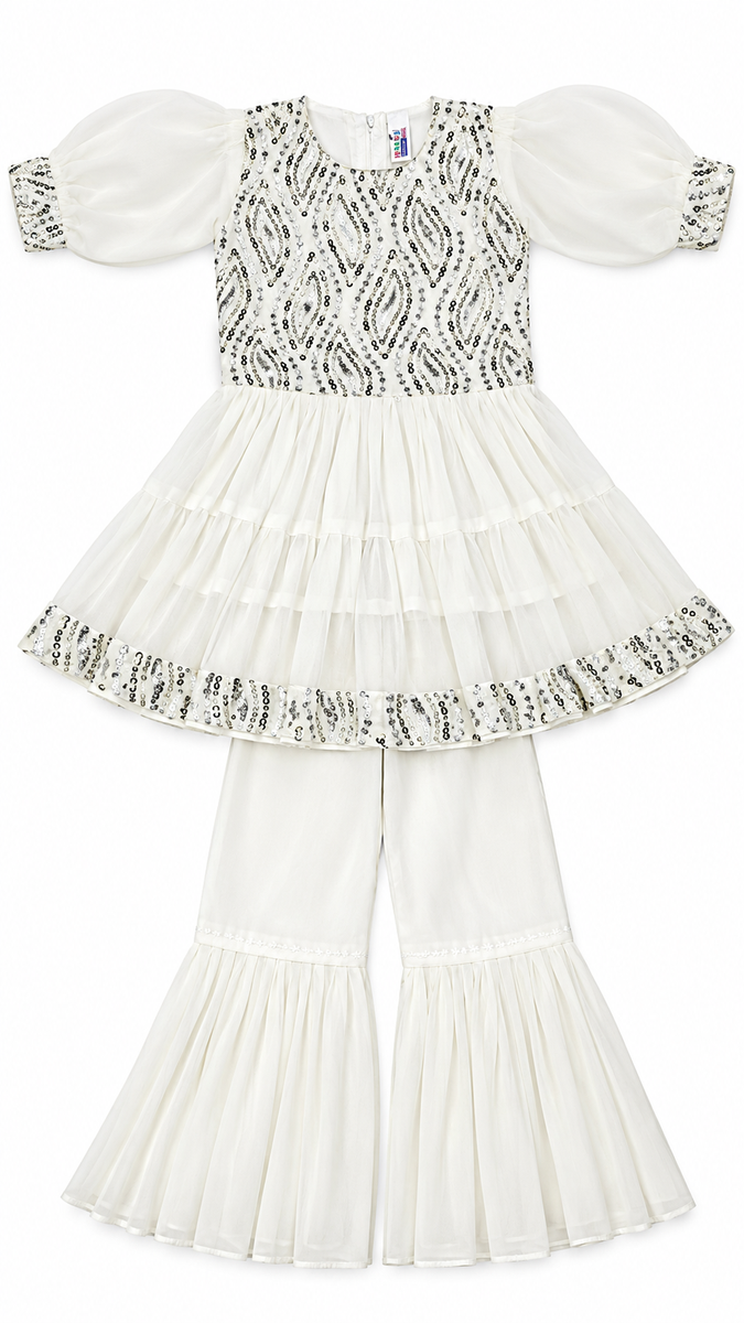 Ivory Sequin Embellished Peplum Kurti with Sharara Set