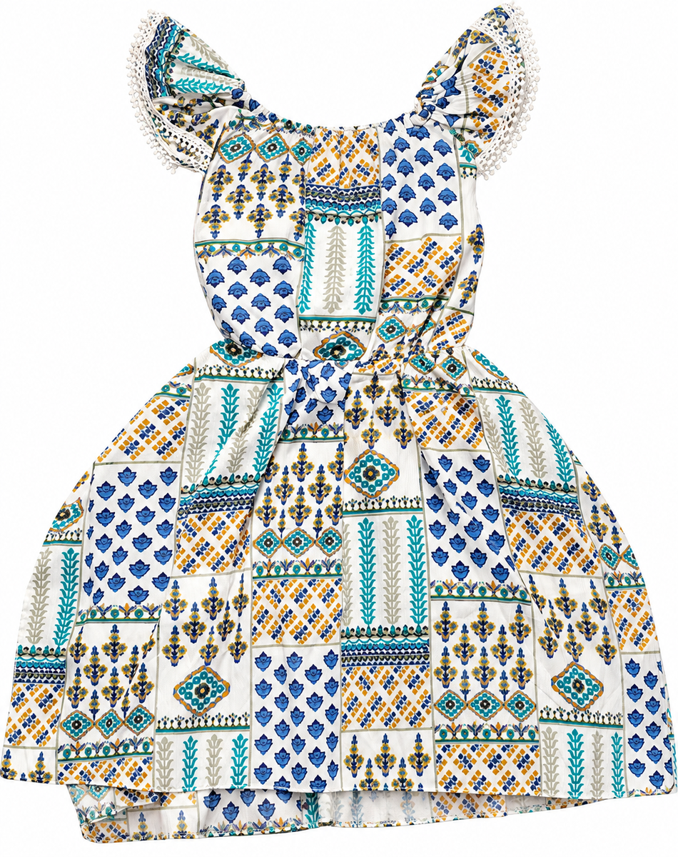 Blue and White Printed Ethnic Frock with Tassels — lifestyle