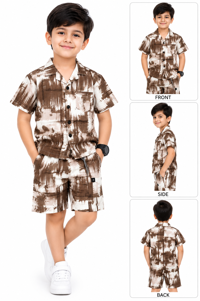 Boys Brown Abstract Printed Shirt and Shorts Co-ord Set