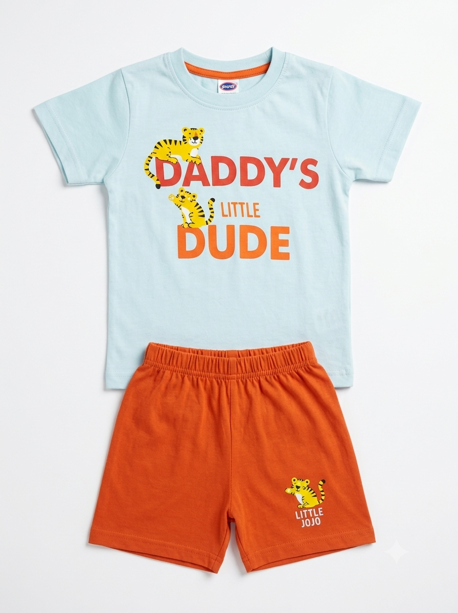 Boys Sky Blue & Rust Orange Graphic T-Shirt and Shorts Co-ord Set