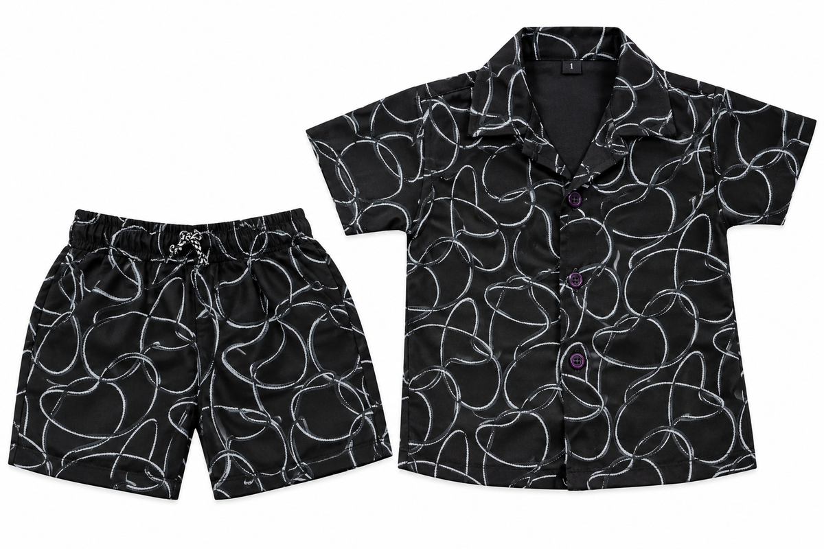 Boys Black Abstract Printed Shirt & Shorts Co-ord Set