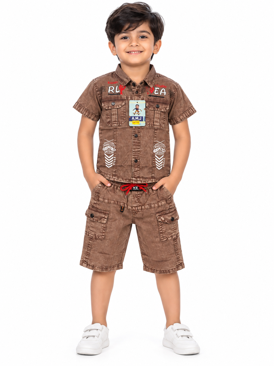 Boys Brown Washed Cargo Shirt and Shorts Set