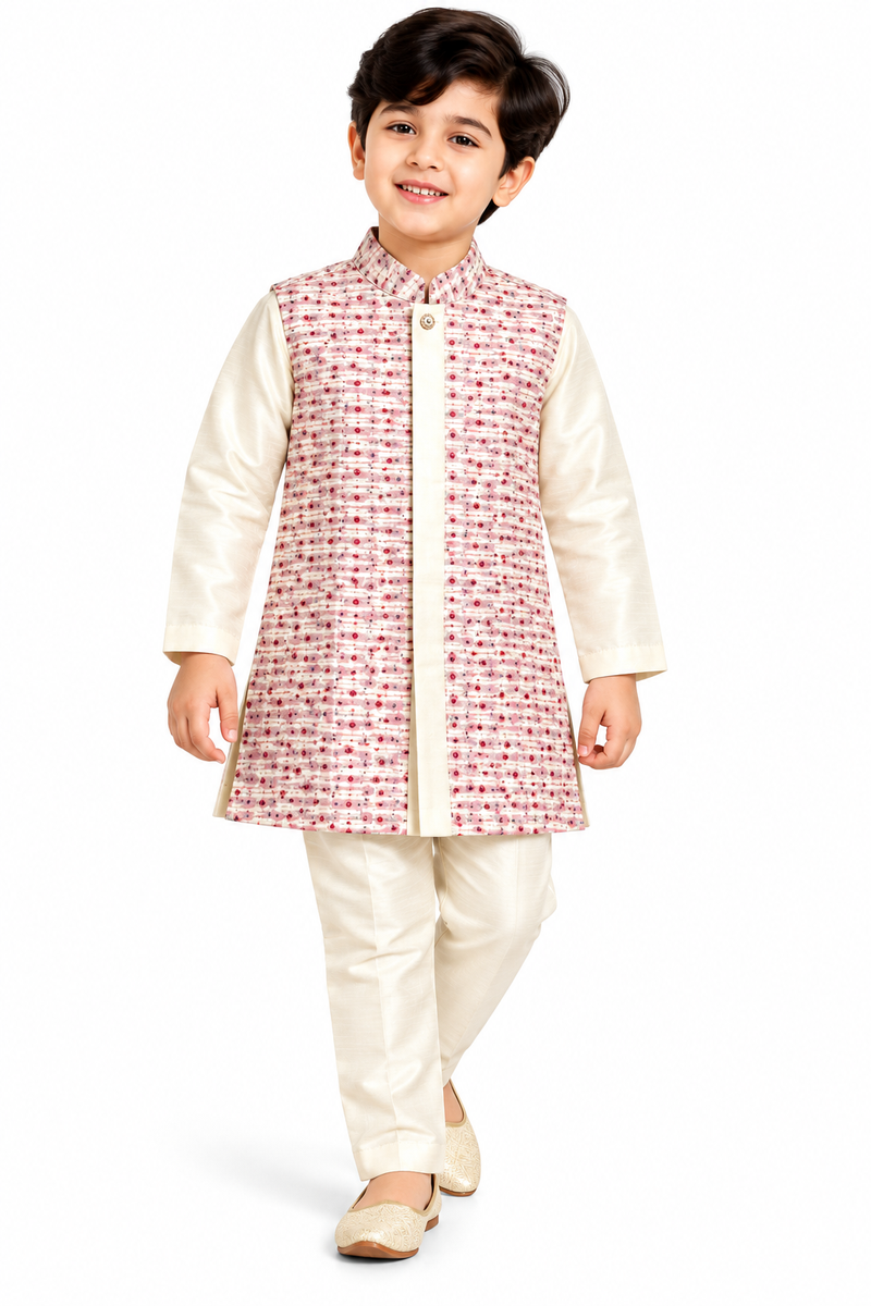 Boys Off-White and Pink Printed Kurta Pyjama with Jacket Set