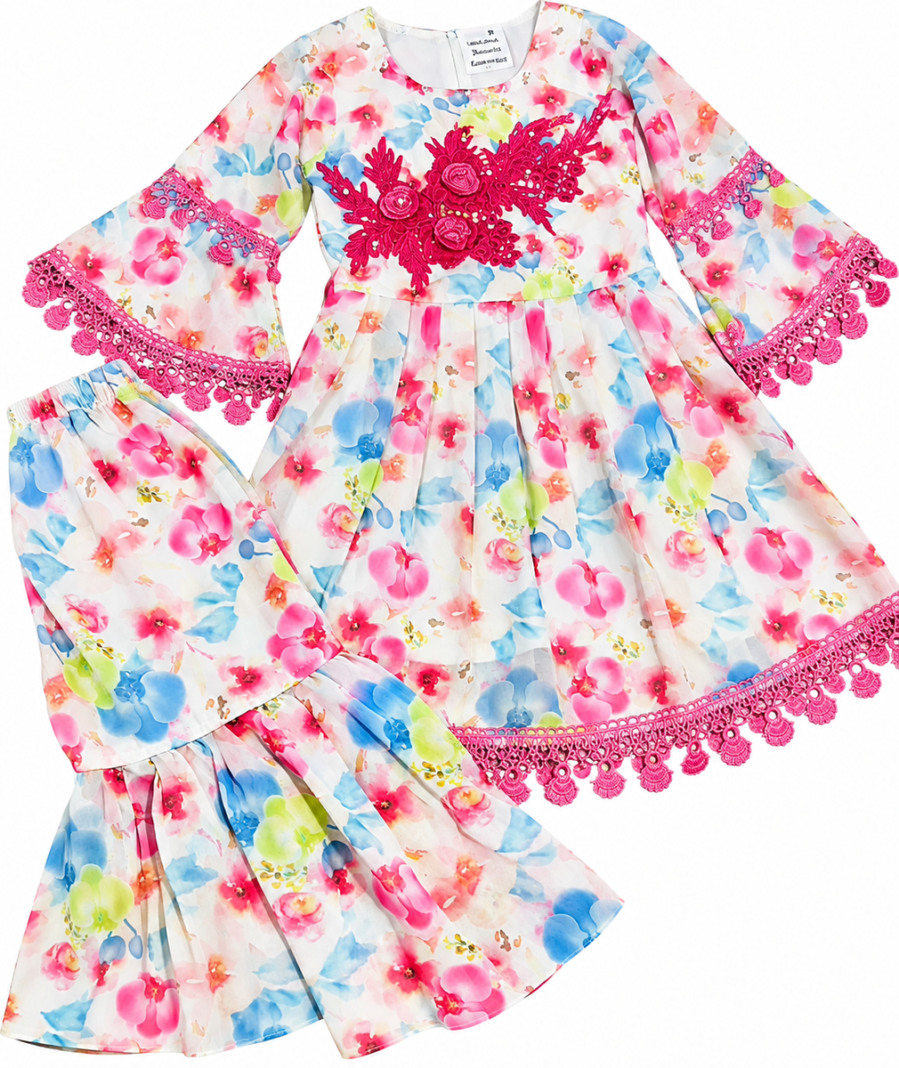 Floral Print Kurta with Sharara and Lace Detailing