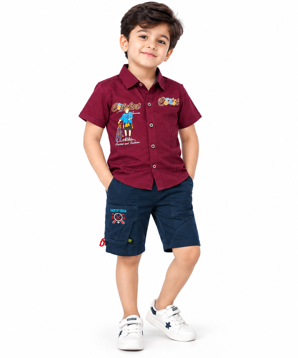 Maroon Printed Casual Shirt and Blue Shorts Set