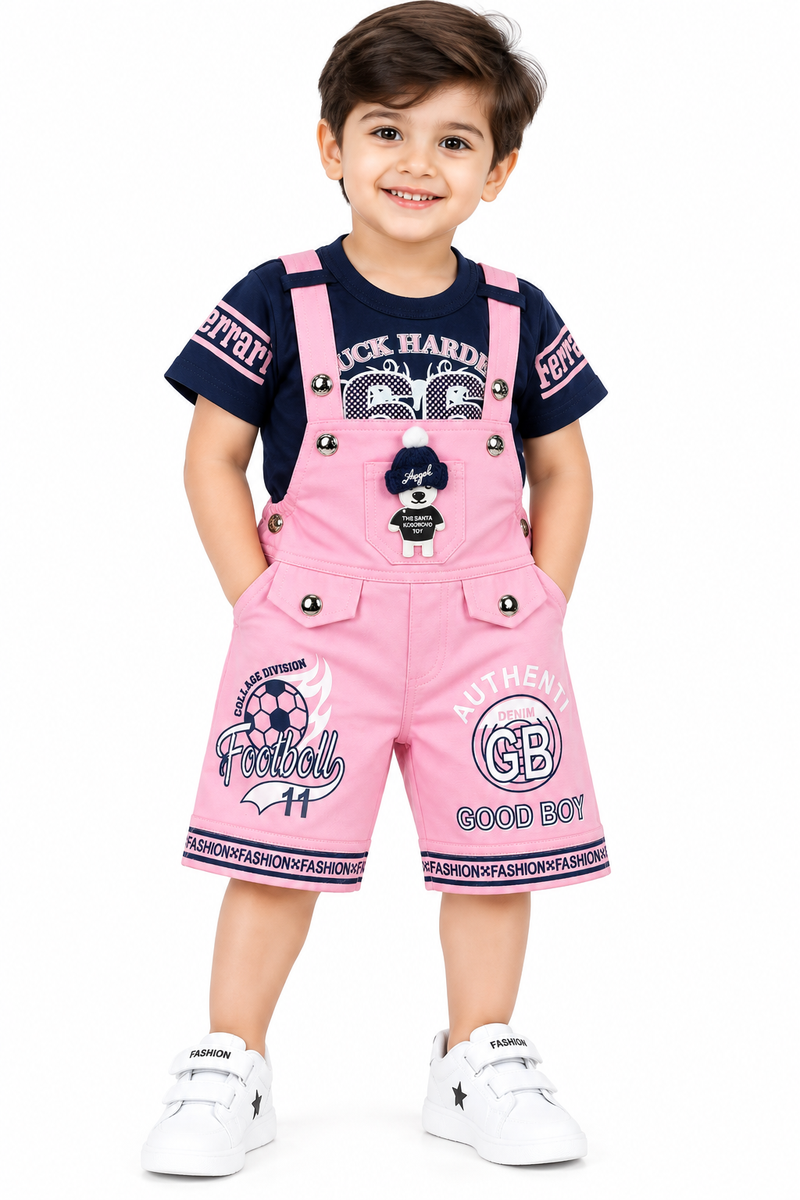 Boys Pink Dungaree Set with Navy Blue T-Shirt