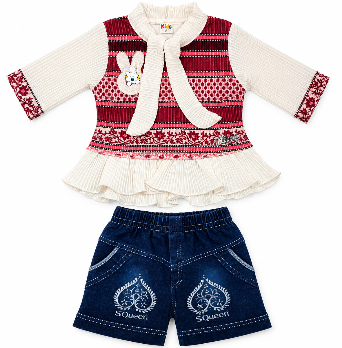 Maroon Printed Top with Denim Shorts Co-ord Set