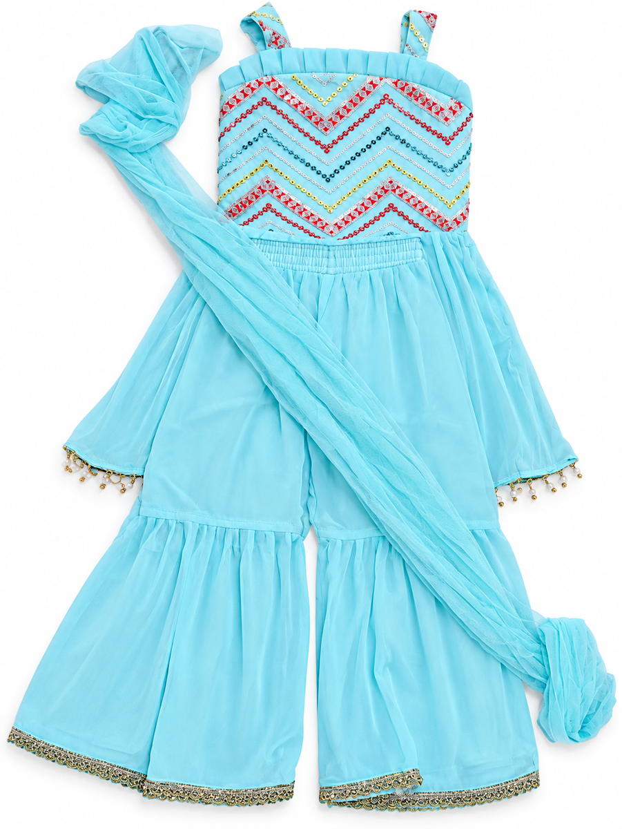 Sky Blue Embellished Sharara Set for Girls