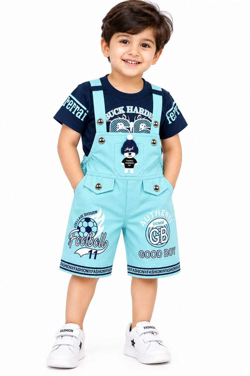 Boys Sky Blue Dungaree Set with Navy T-Shirt