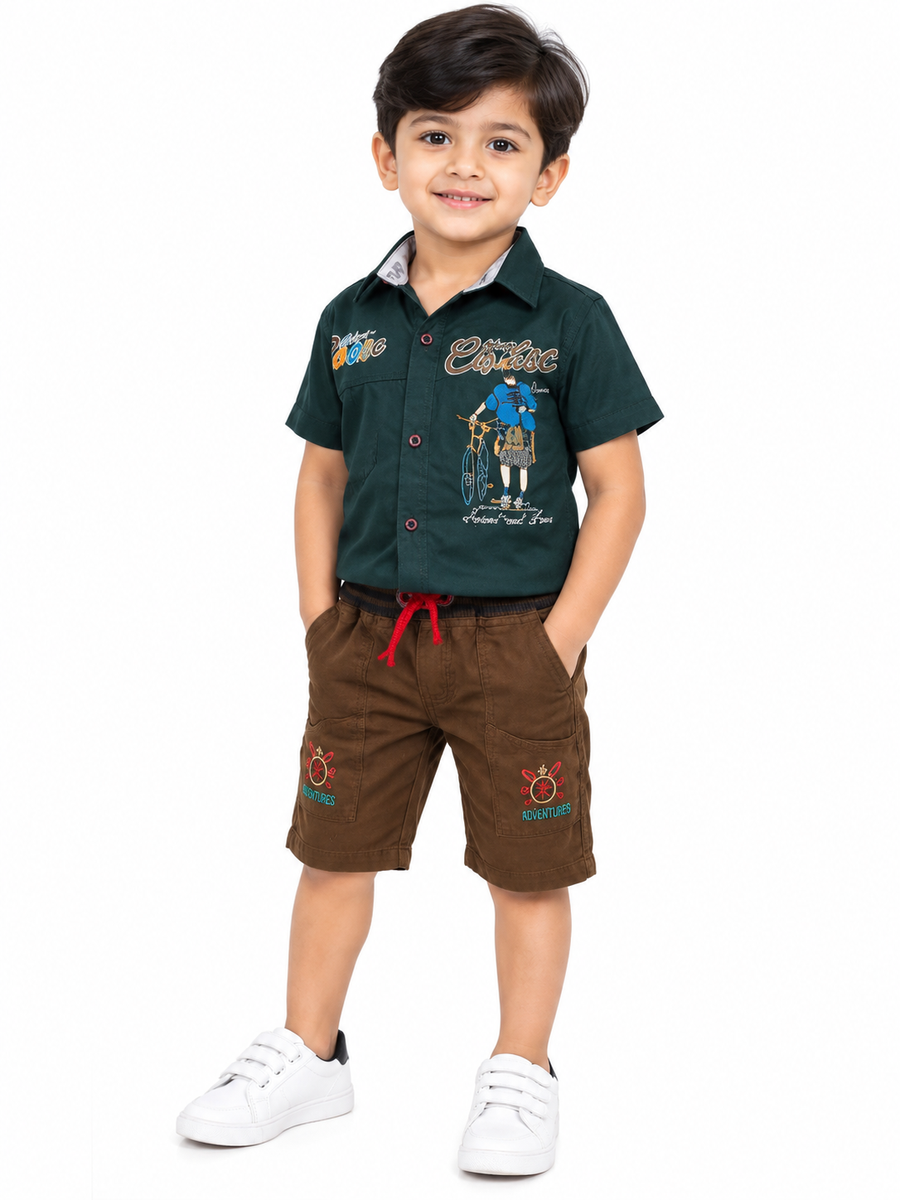 Boys Dark Green Printed Shirt and Shorts Set