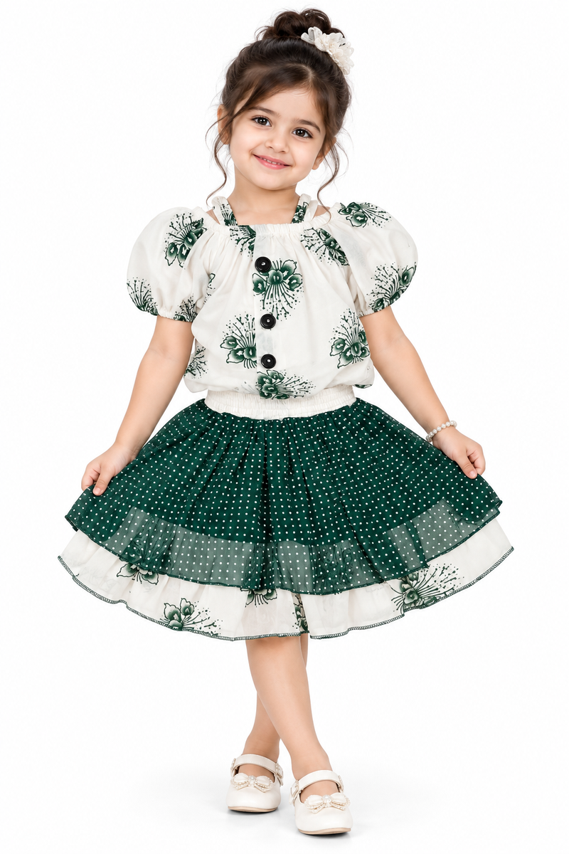 Green and White Floral Print Puff Sleeve Frock